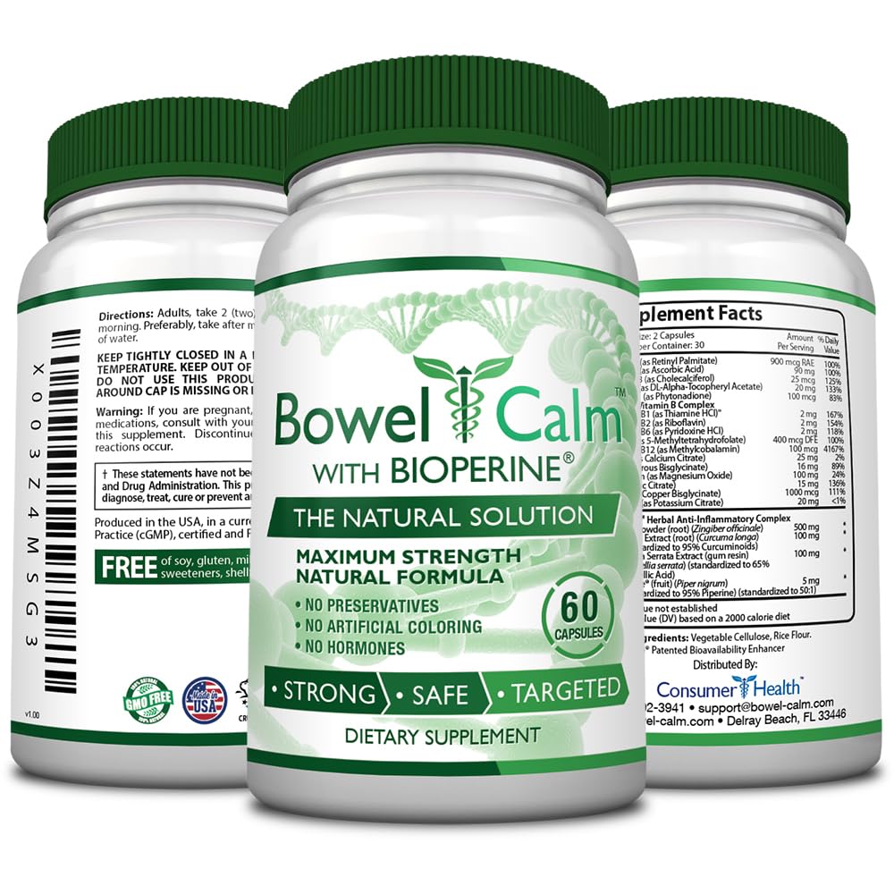 Consumer Health Bowel Calm box emphasizes turmeric and boswellia for soothing ingredients.