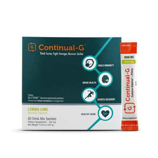 CONTINUAL-G powder bottle front for everyday immune and antioxidant support.