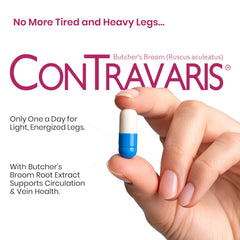 Contravaris capsules close-up illustrating daily leg health support.
