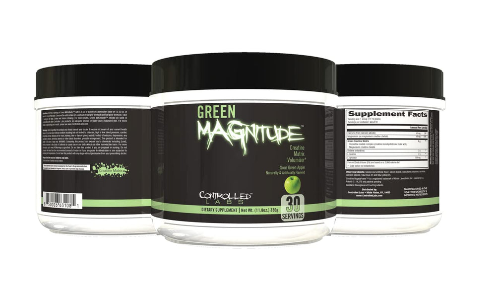 Controlled Labs Green MAGnitude bottle front with Sour Green Apple flavor for workouts