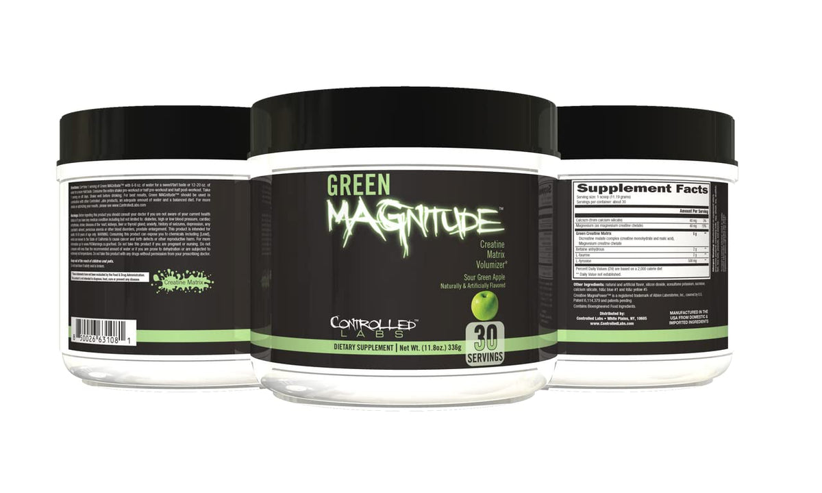 Controlled Labs Green MAGnitude bottle front with Sour Green Apple flavor for workouts