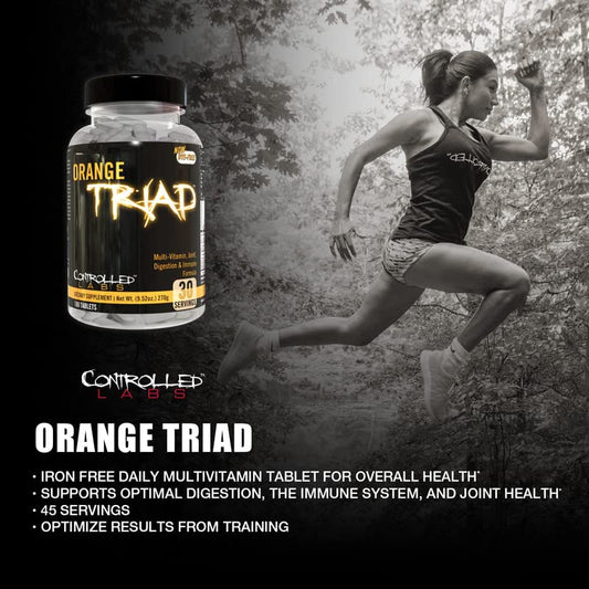 CONTROLLED LABS Orange Triad label close-up, iron-free multivitamin for active lifestyles.