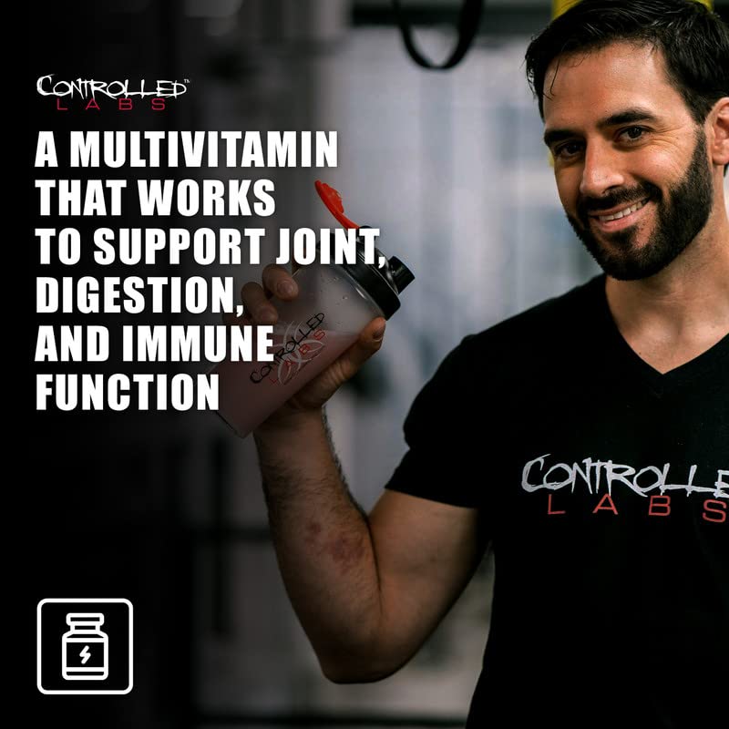 CONTROLLED LABS Orange Triad bottle with glass, easy daily supplement ritual.