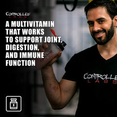 CONTROLLED LABS Orange Triad bottle with glass, easy daily supplement ritual.
