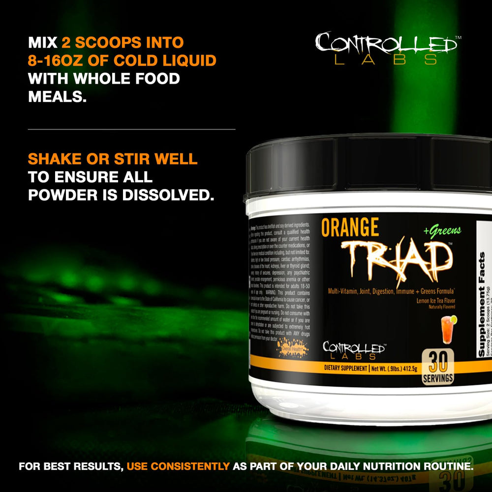 Controlled Labs Orange Triad Plus Greens gym-recovery-scene suggests athletic recovery potential.