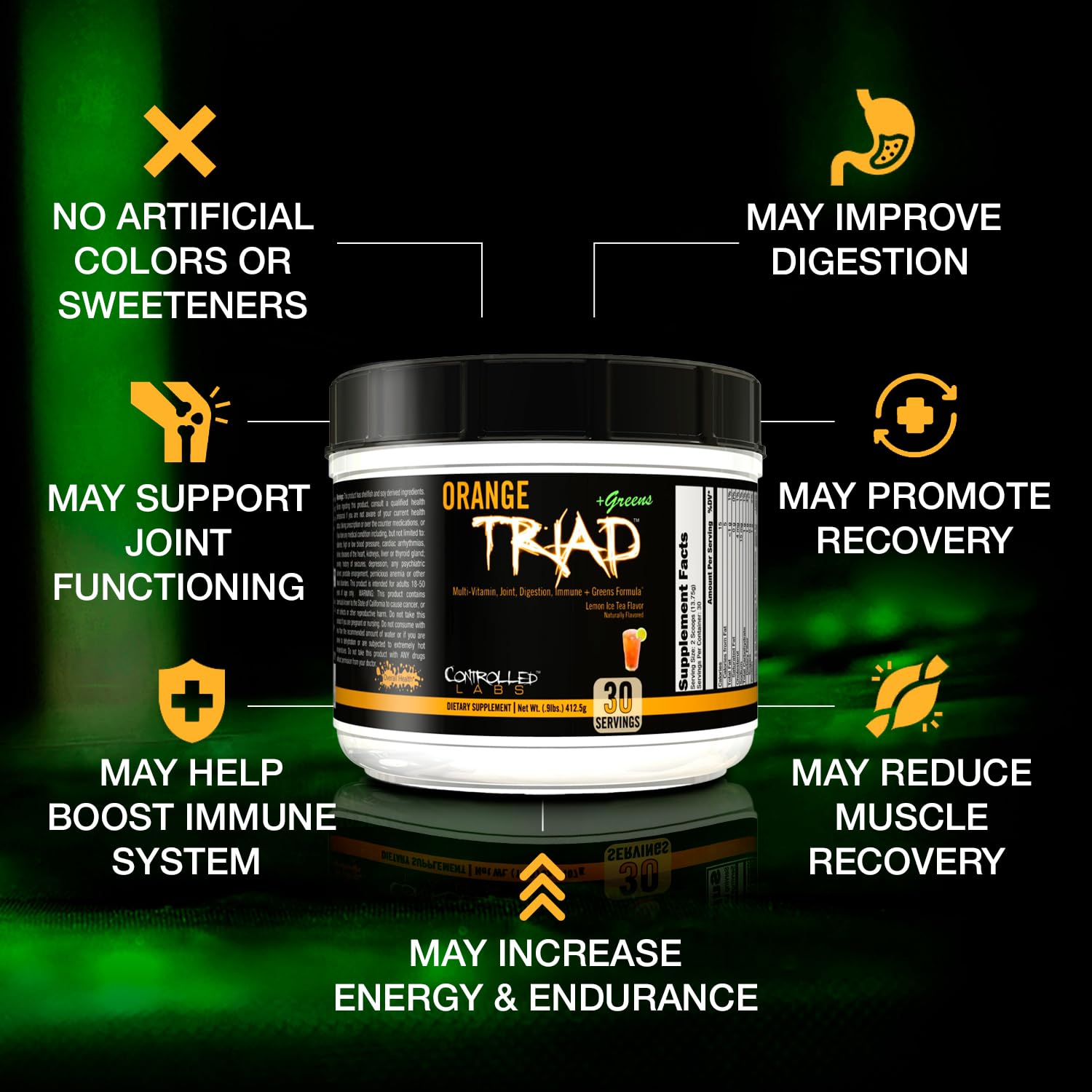 Controlled Labs Orange Triad Plus Greens scoop-in-liquid for convenient daily nourishment.