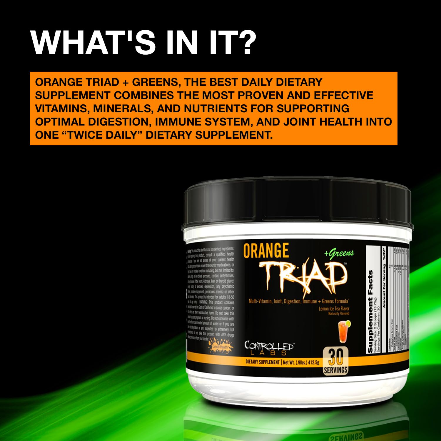 Controlled Labs Orange Triad Plus Greens serving-with-glass illustrates easy mixing into meals.