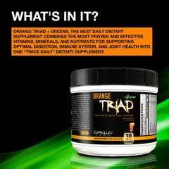 Controlled Labs Orange Triad Plus Greens serving-with-glass illustrates easy mixing into meals.