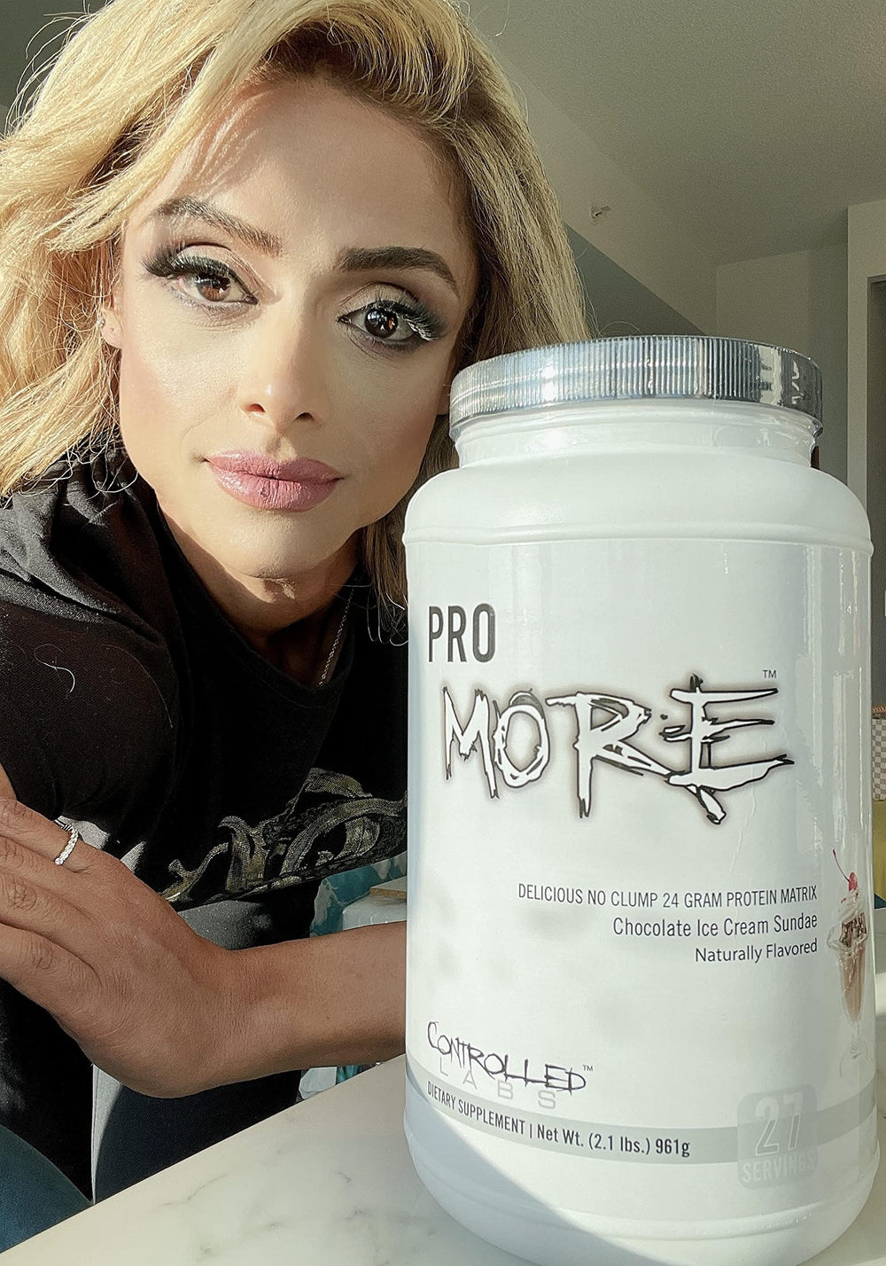 CONTROLLED LABS PROMORE chocolate ice cream sundae flavor close-up, ideal for post-workout enjoyment.