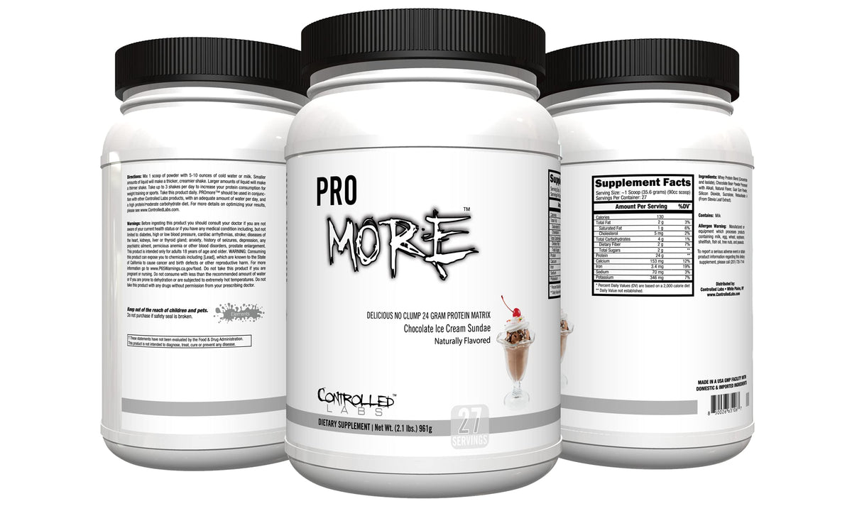 CONTROLLED LABS PROMORE protein bottle shows premium formula for post-workout nutrition.