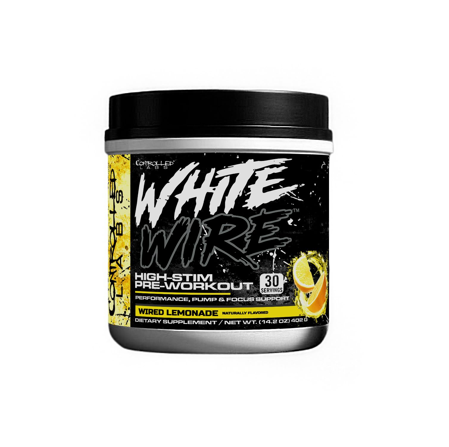 White Wire by CONTROLLED LABS bottle label highlighting a high-stim preworkout formula.