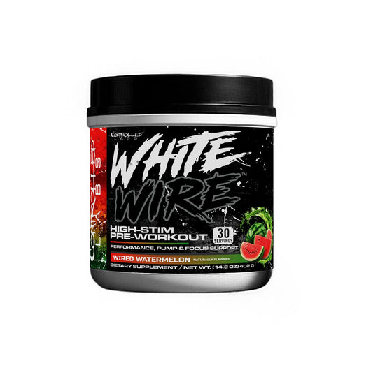 CONTROLLED LABS White Wire bottle pour highlighting quick energy for intense workouts.