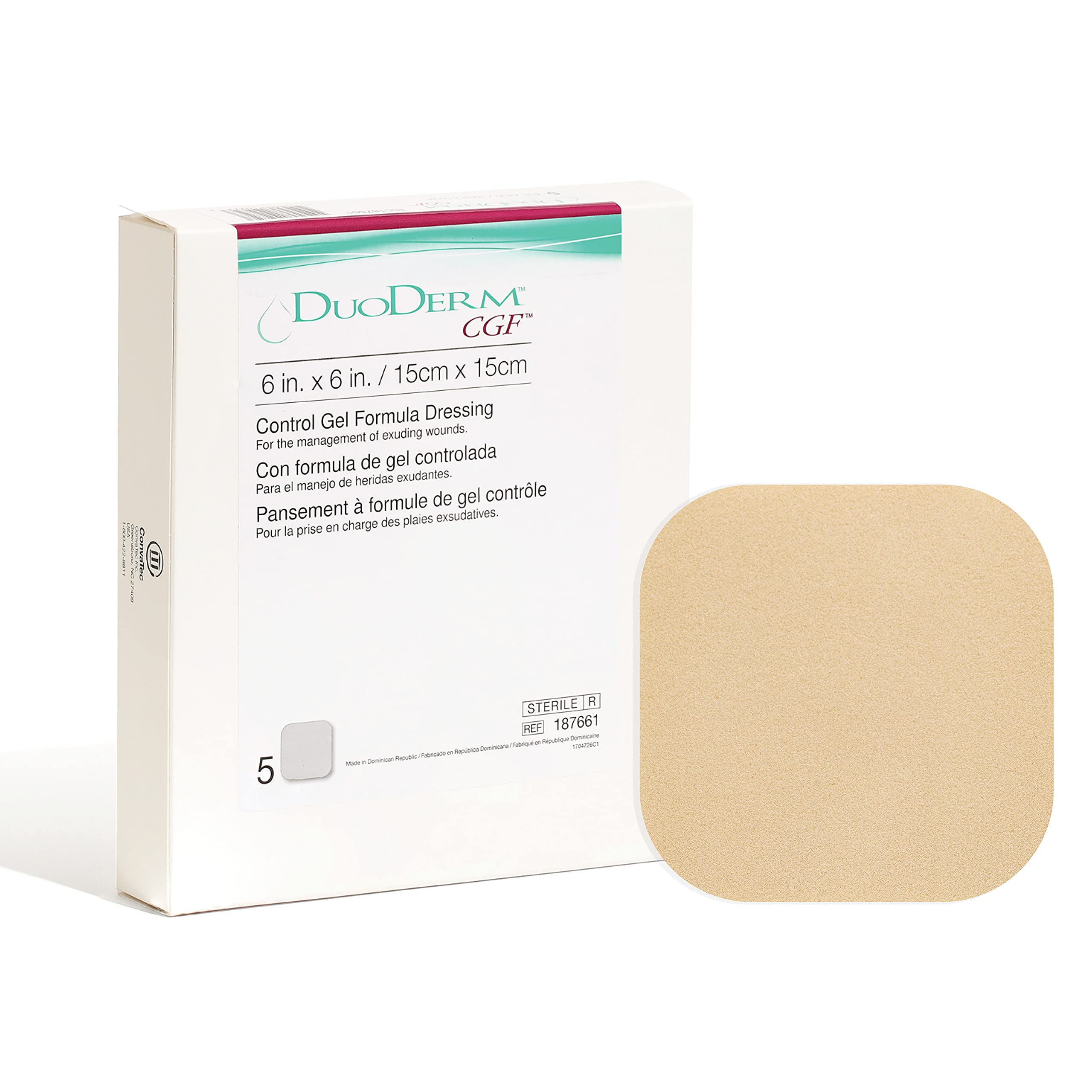 ConvaTec DuoDERM Control 6x6 package shows waterproof, moisture-retaining dressing.