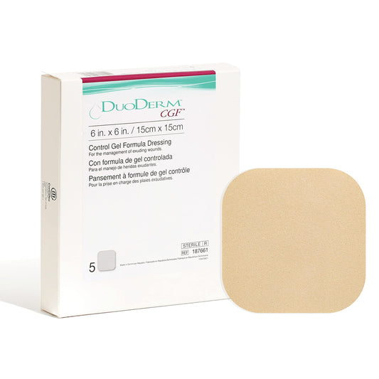 ConvaTec DuoDERM Control 6x6 package shows waterproof, moisture-retaining dressing.