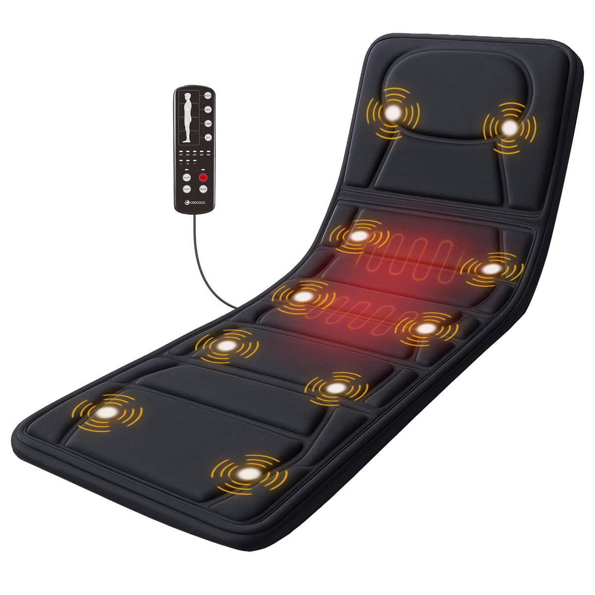 CooCoCo Massage Mat on a bed showing full-body coverage with soothing heat.