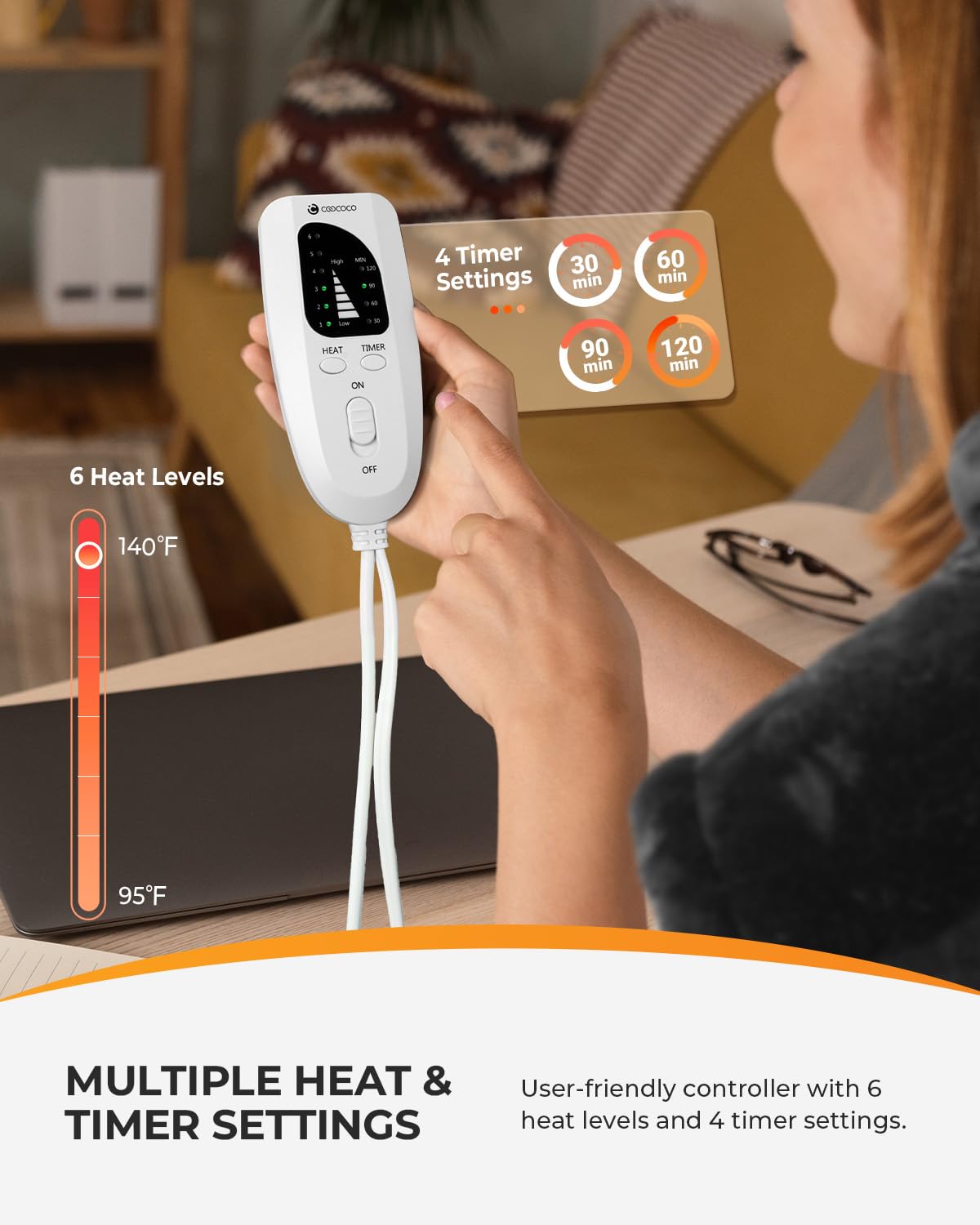 CooCoCo six heat settings enable customizable comfort.