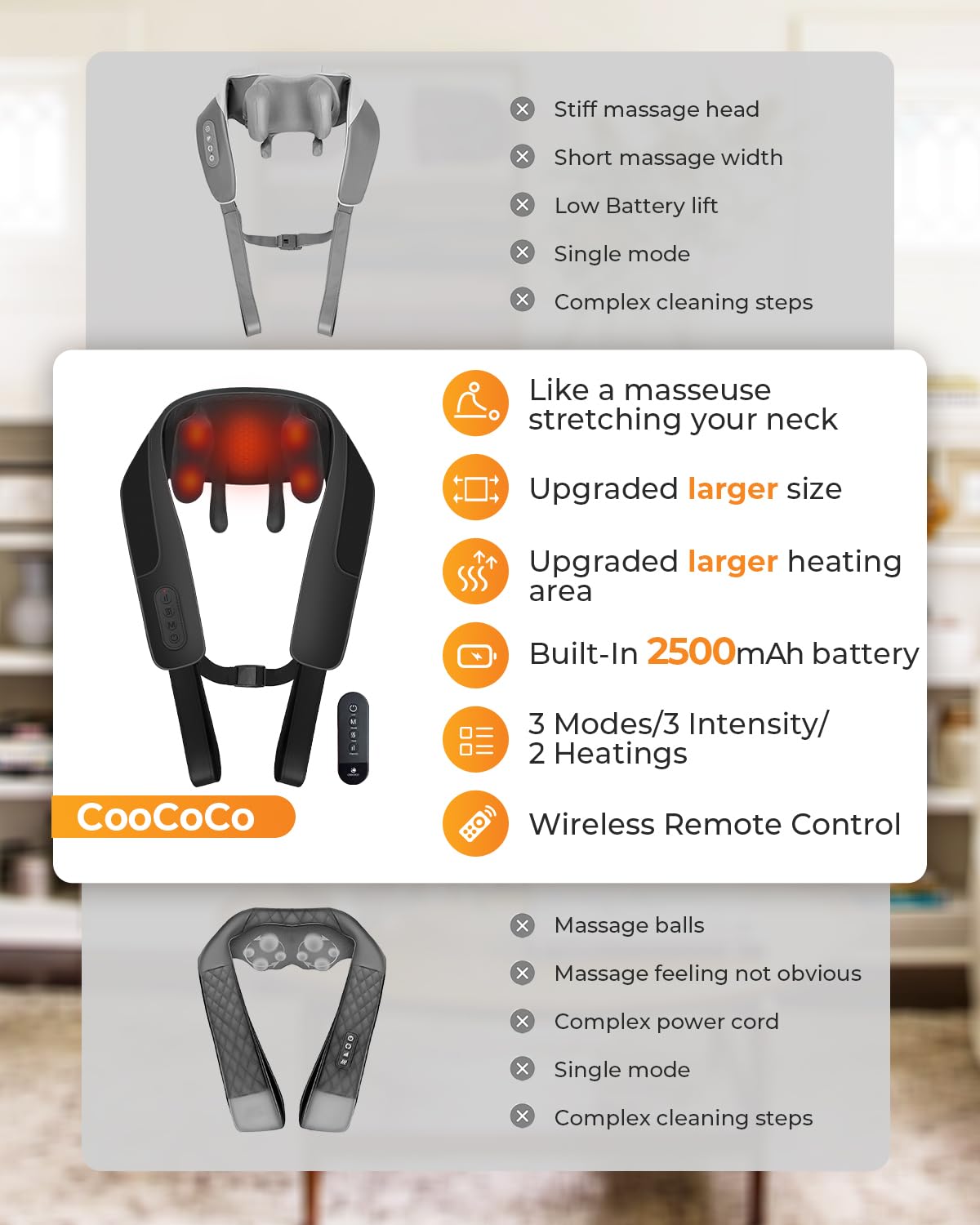 CooCoCo cordless neck massager side view highlighting ergonomic neck fit