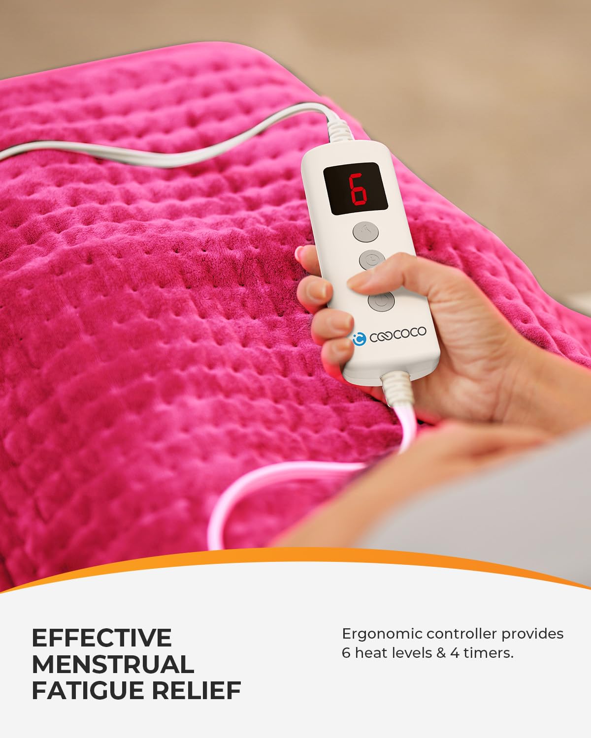 Coococo heating pad features six heat settings for personalized warmth throughout the day.