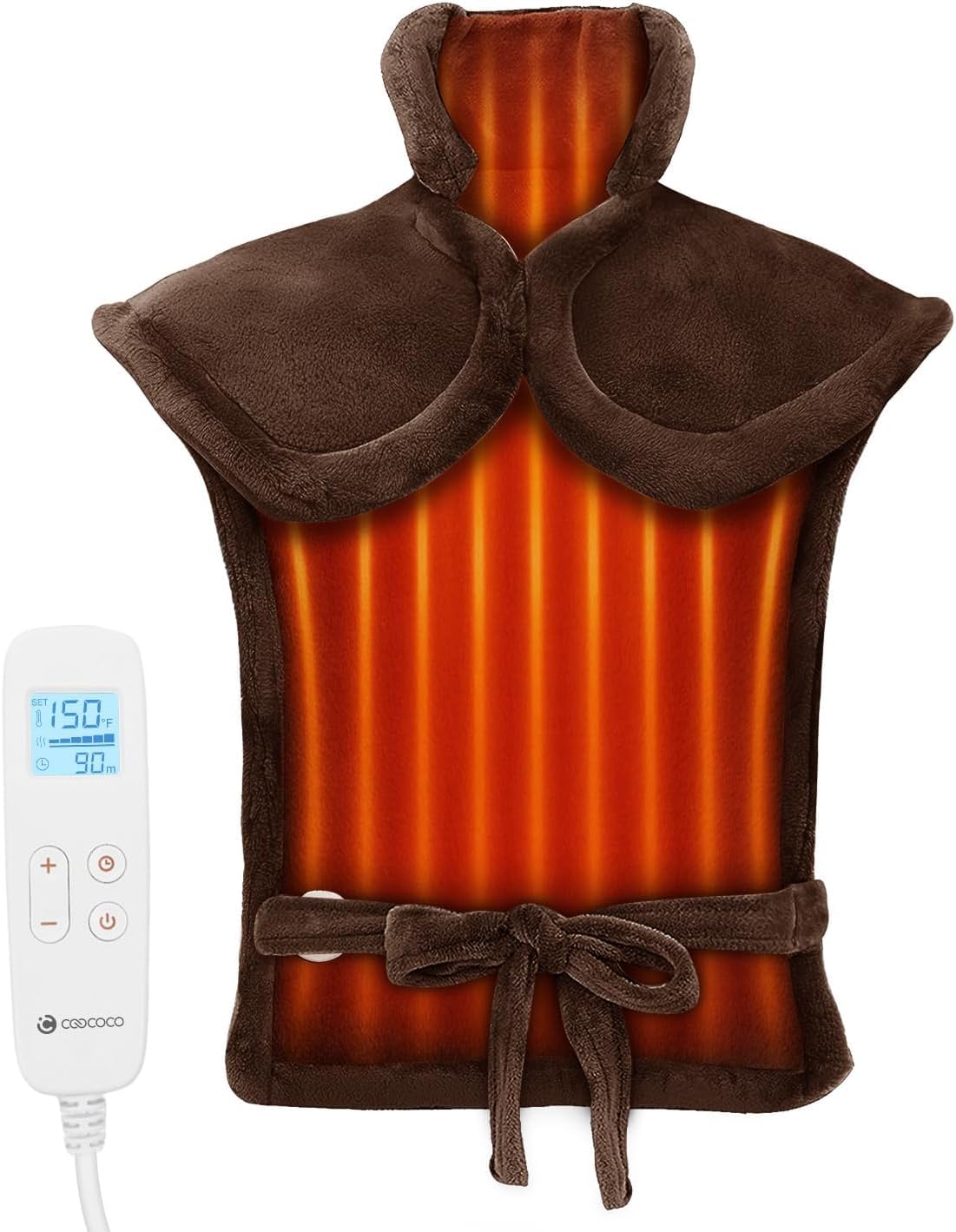 CooCoCo heating pad covers neck, shoulders, and back for broad warmth.
