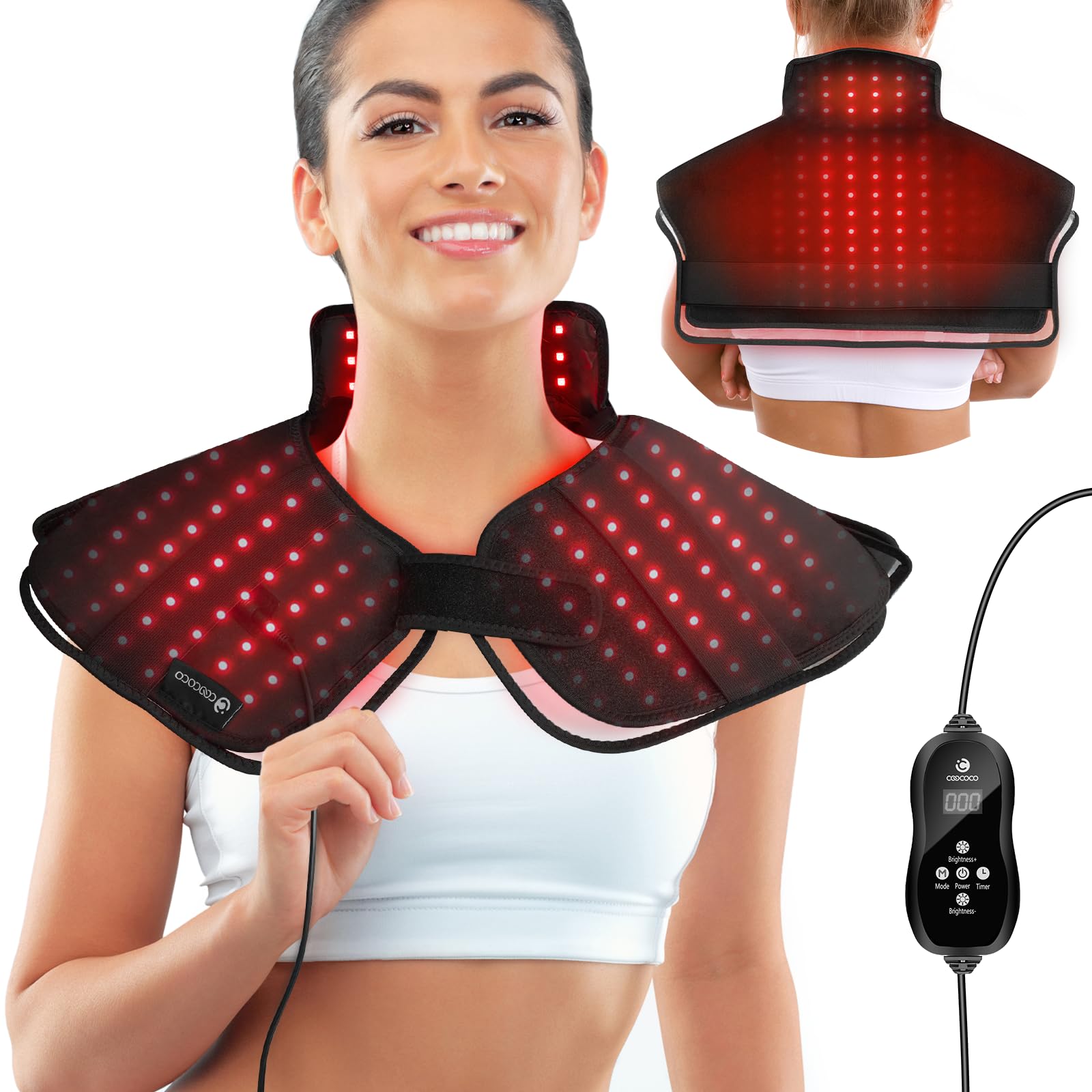 CooCoCo heating pad on neck and shoulders provides targeted warmth for comfort.