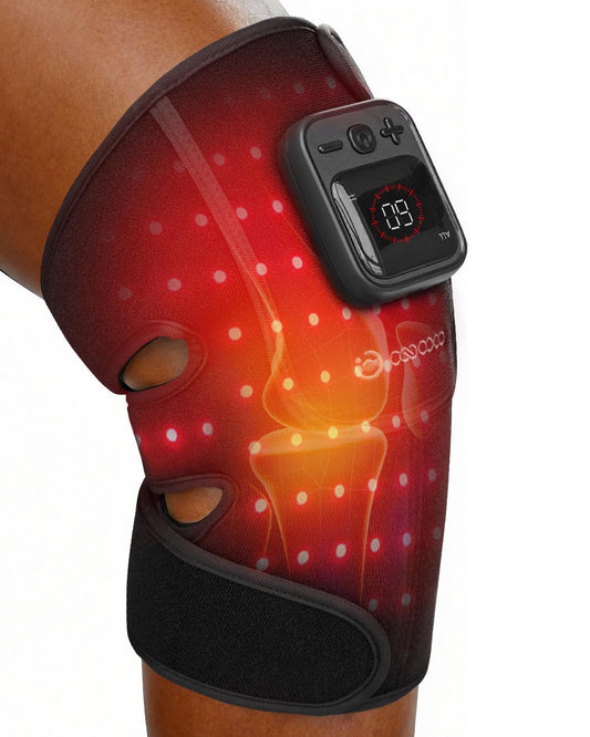 CooCoCo knee massager front view with 70-bead red light therapy array.