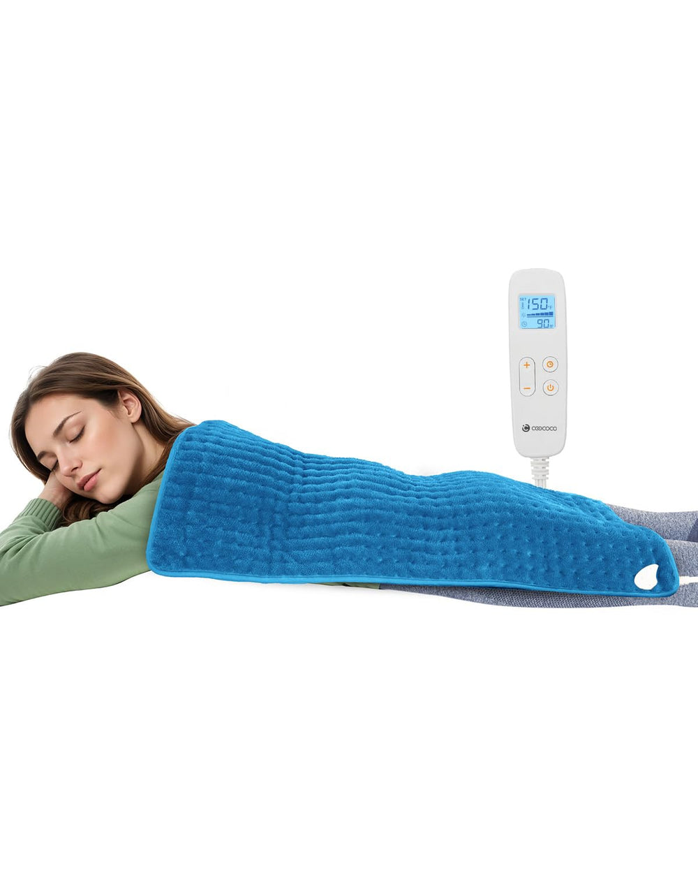 CooCoCo large heating pad covers back and shoulders for broad warmth.