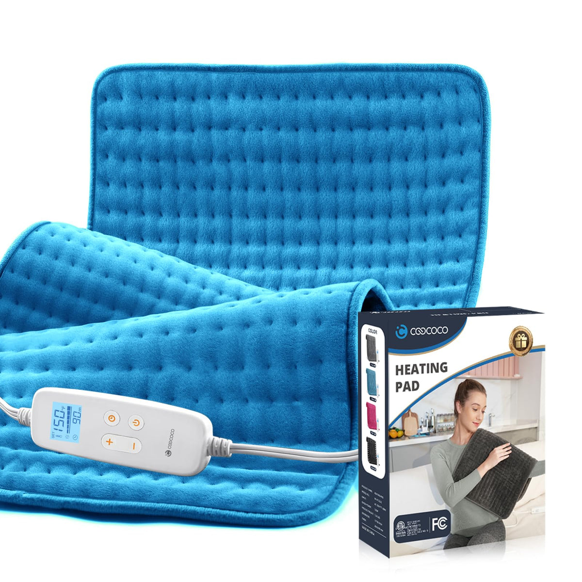CooCoCo large heating pad on bed offering broad back coverage for muscles