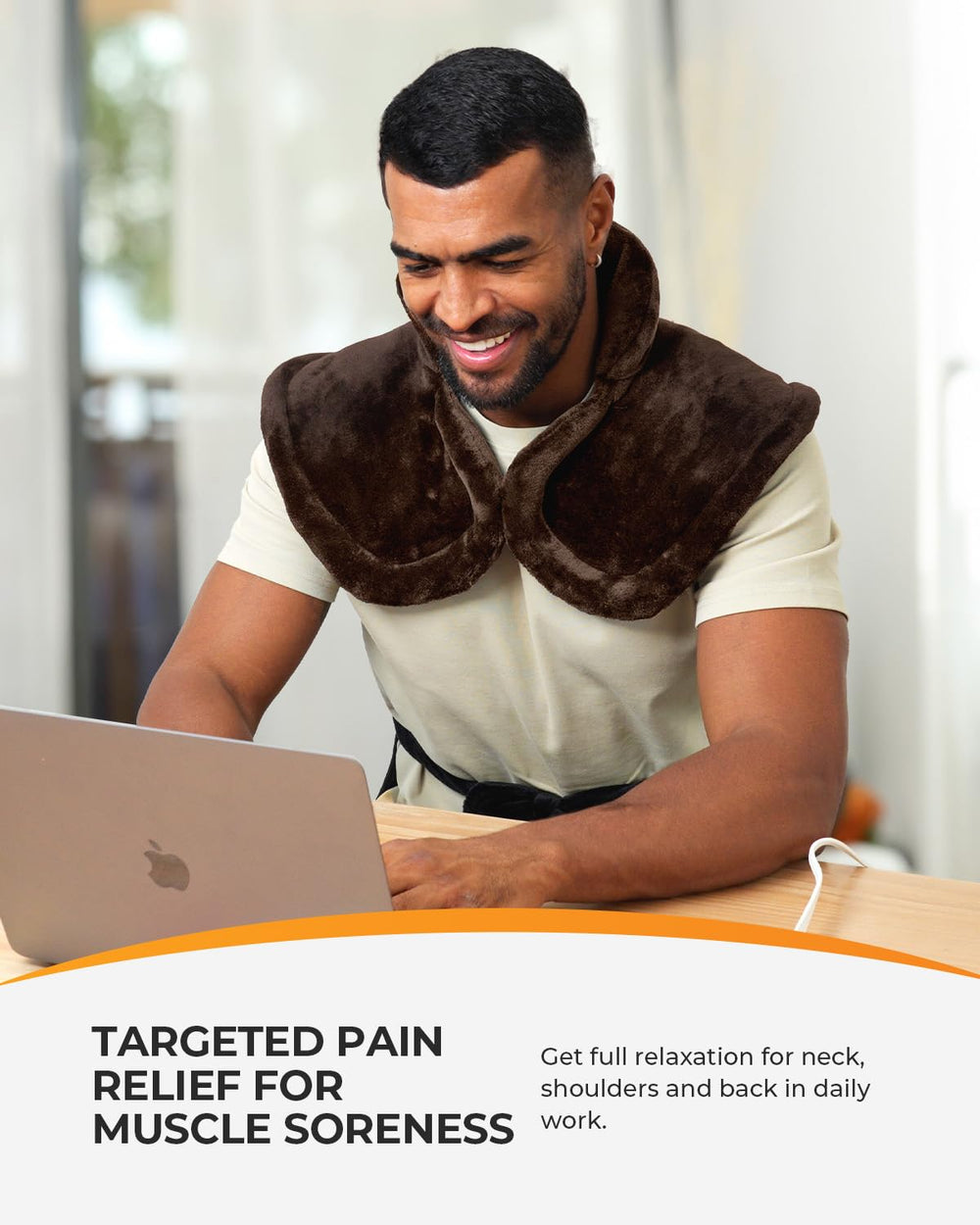 CooCoCo heating pad around neck and shoulders delivers targeted heat.