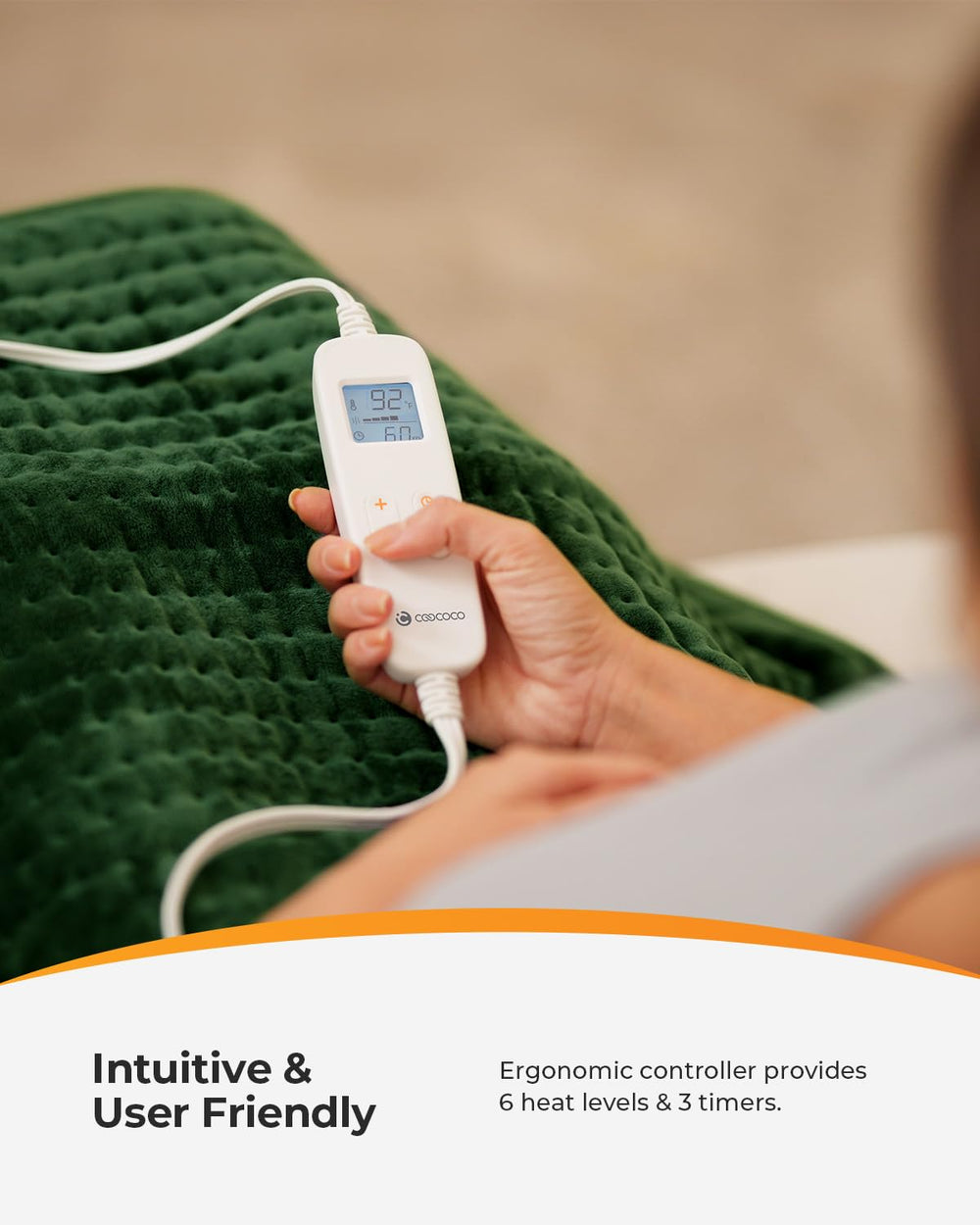 CooCoCo heating pad placed on shoulders illustrating muscle relief potential.