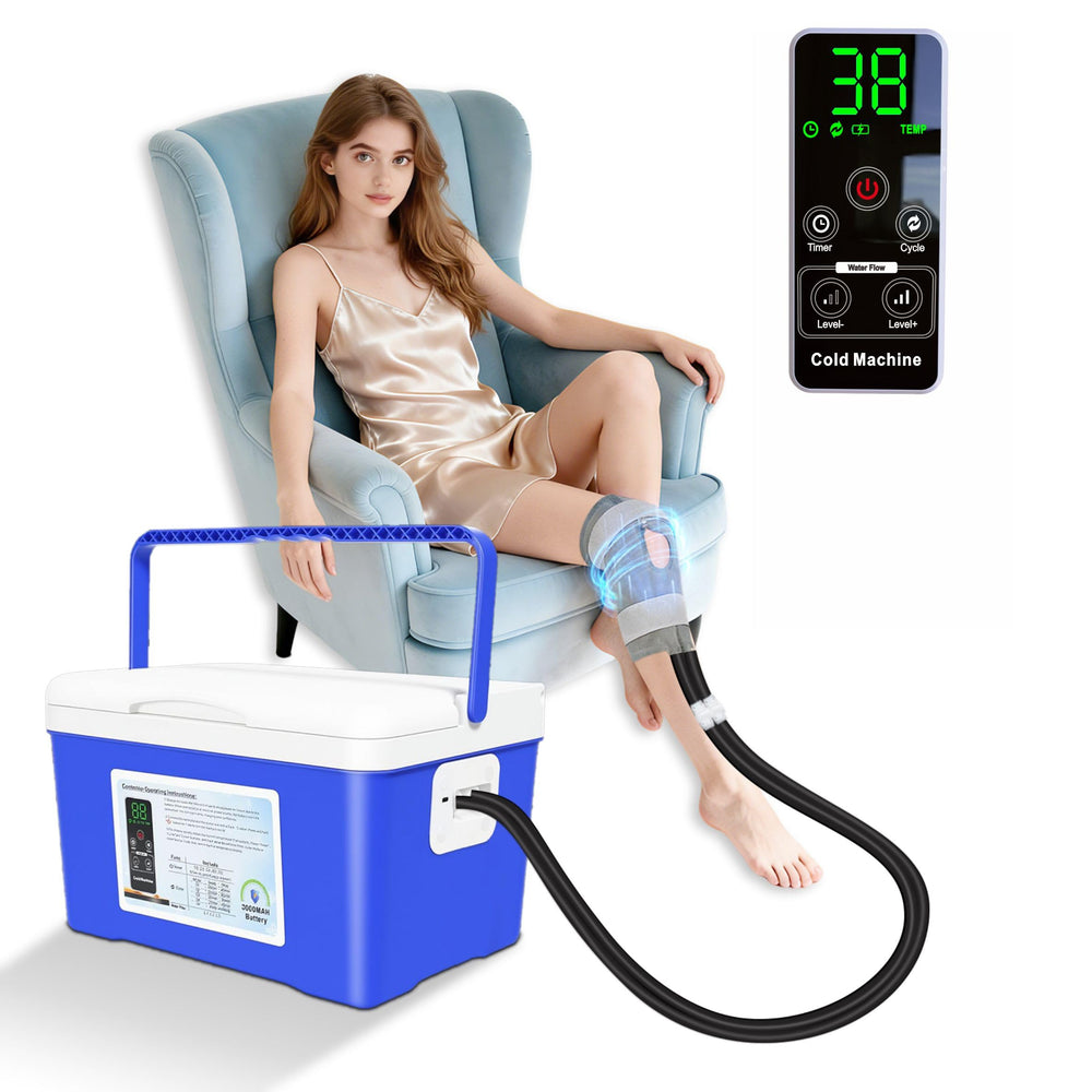 COOLER-TYU cold therapy machine front view showing compact home design for knee care