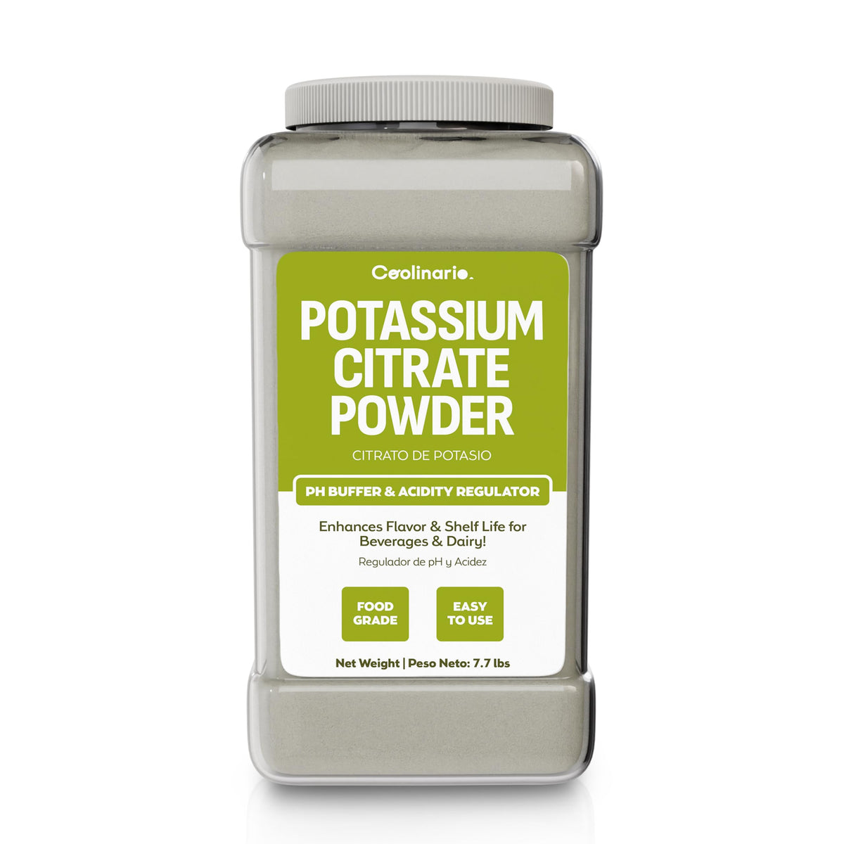 Coolinario potassium citrate powder bottle front for pH balancing in beverages.