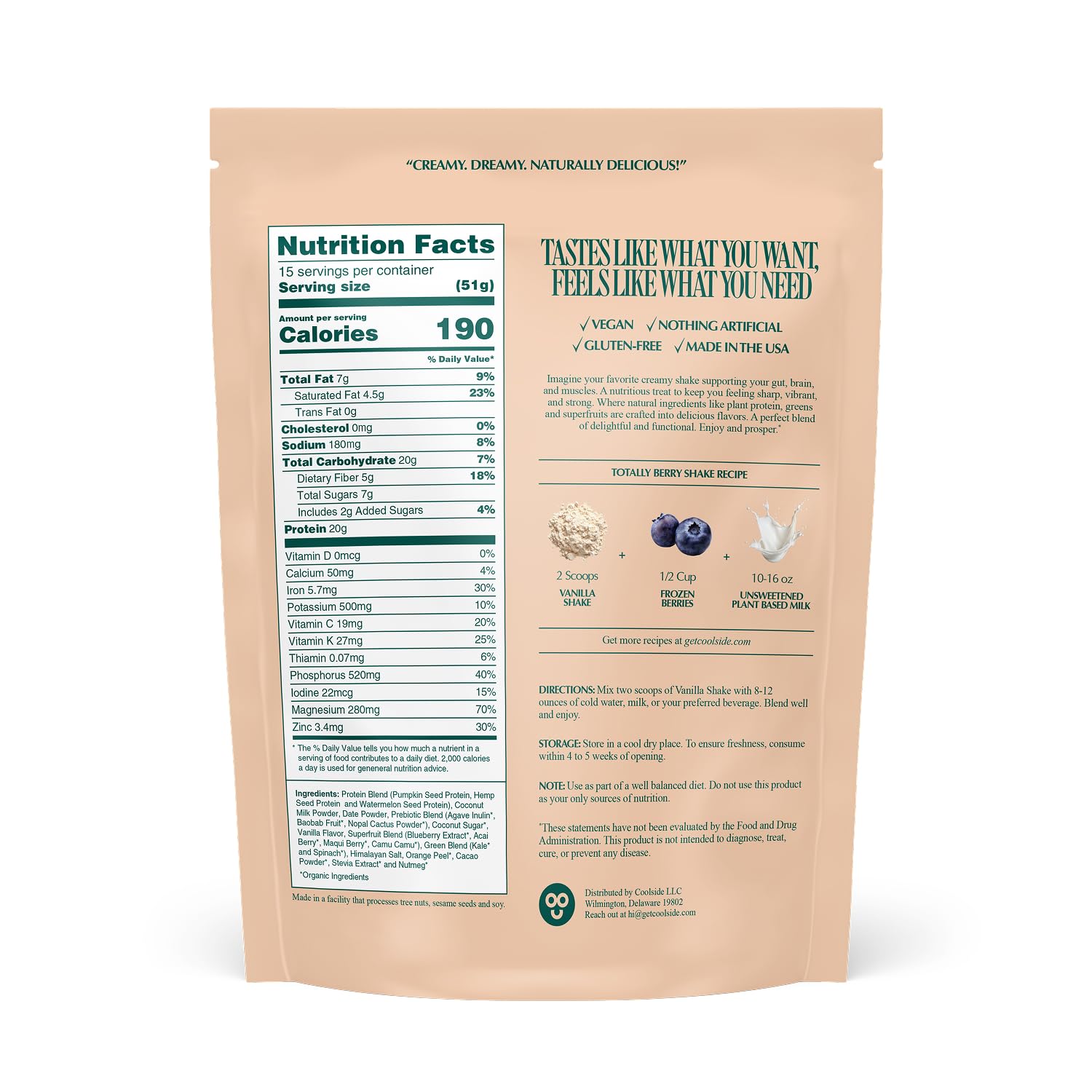 Container of Coolside Vanilla protein showing 15 servings per container.