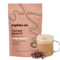 Copina Co. cacao beauty bottle showcases plant-based collagen support for skin.
