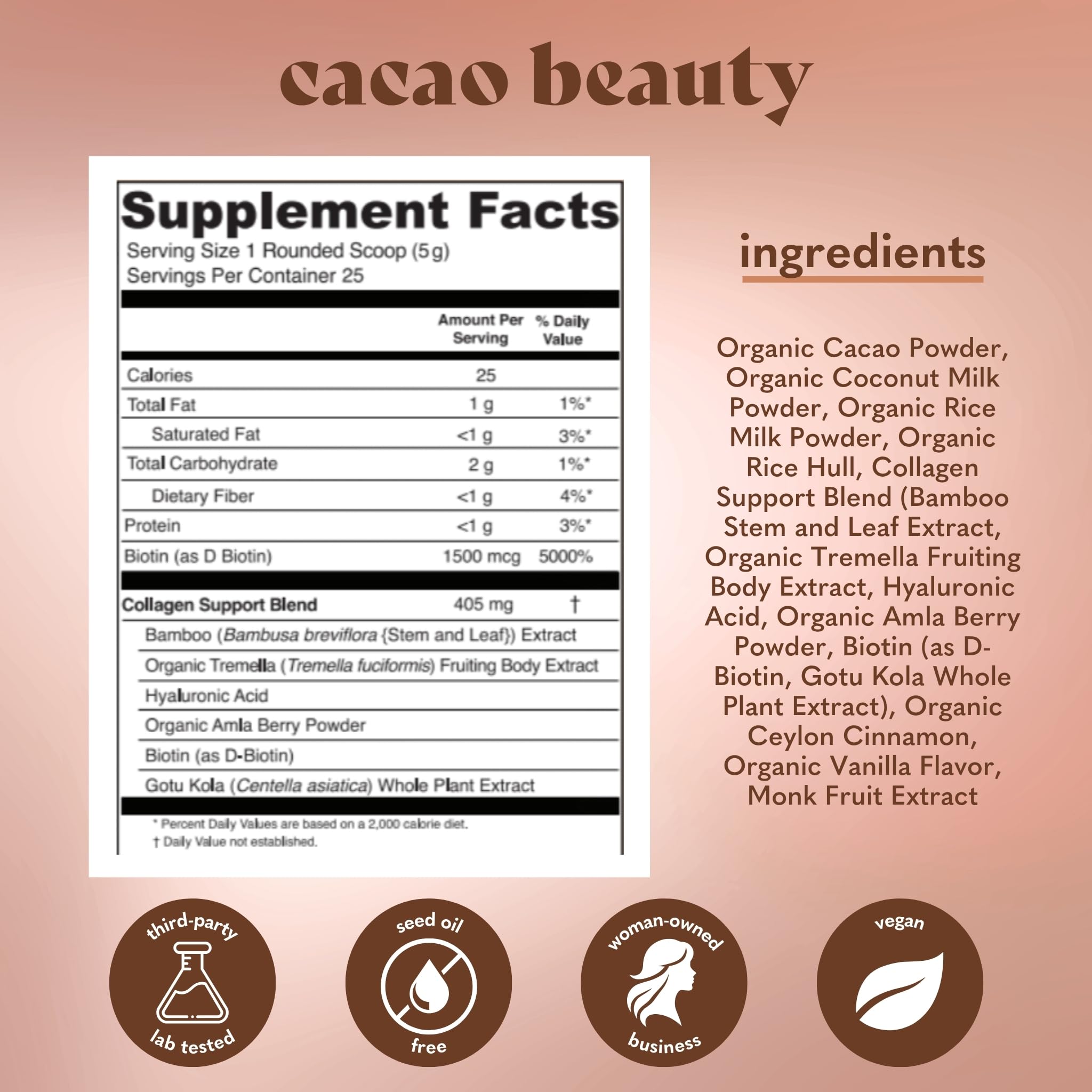 Copina Co. cacao beauty smoothie glass reveals creamy, dairy-free texture.