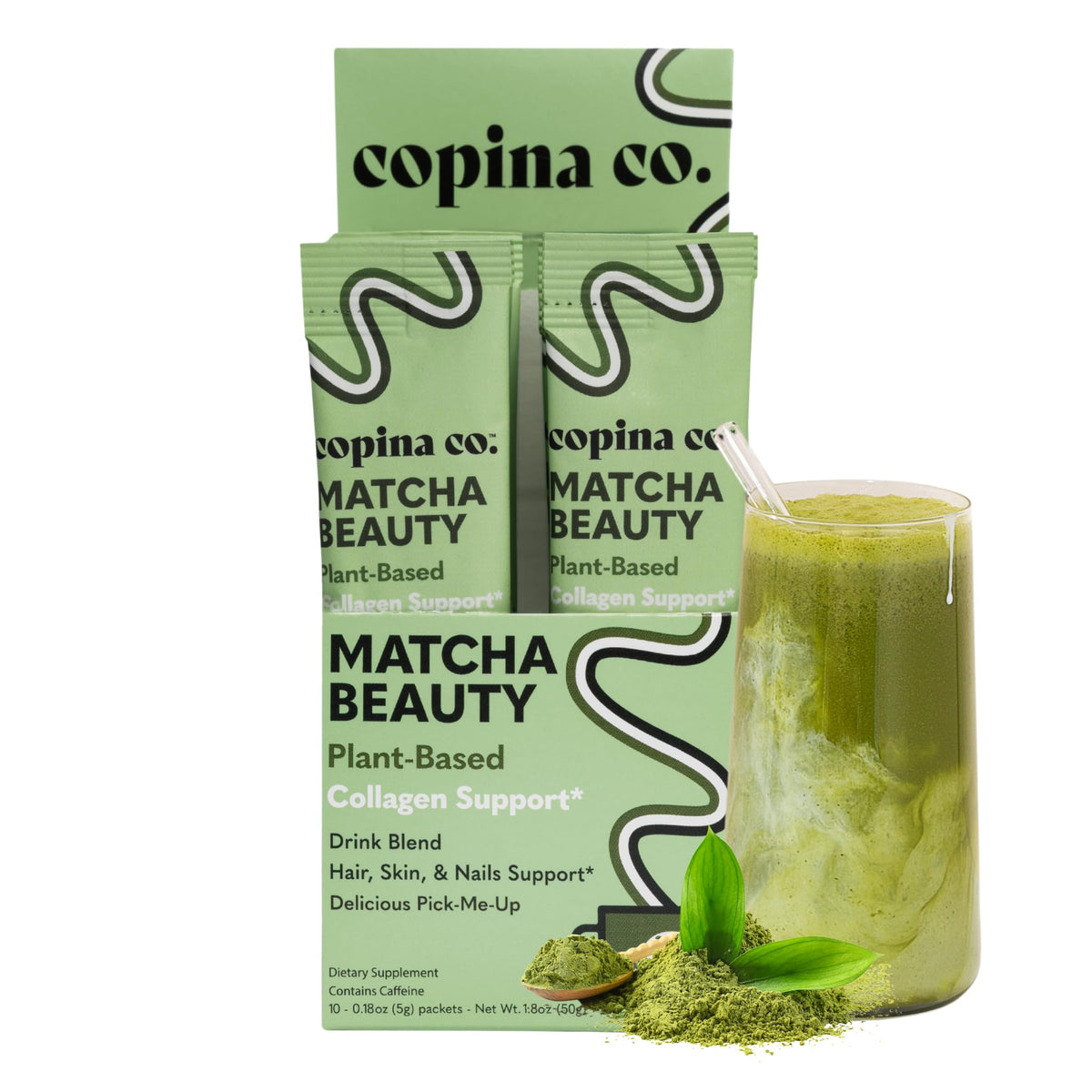 Copina Co. Matcha Beauty package front promotes vegan collagen support for daily skin vitality.