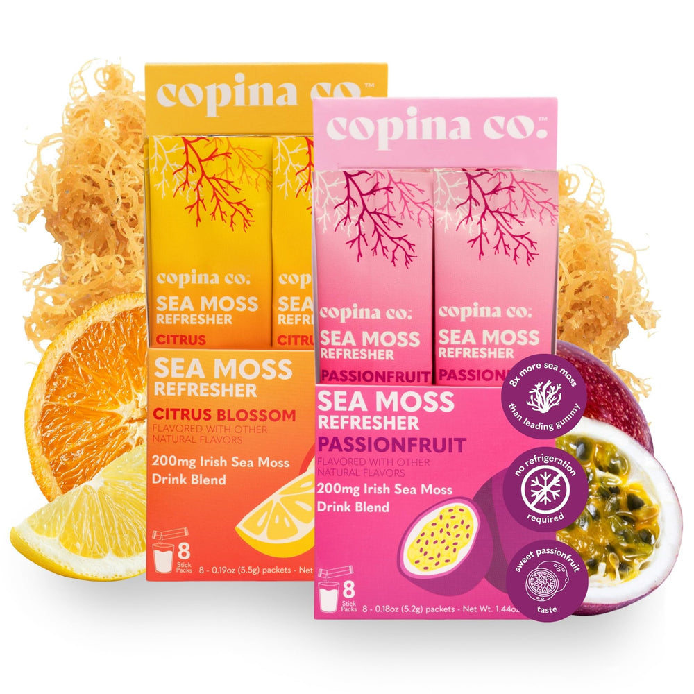 Copina Co sea moss powder passionfruit packet boosts hydration with tropical flavor.