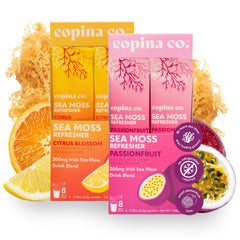 Copina Co sea moss powder passionfruit packet boosts hydration with tropical flavor.