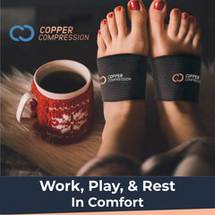 Black Copper Compression arch support sleeves in two sizes for versatile fit.
