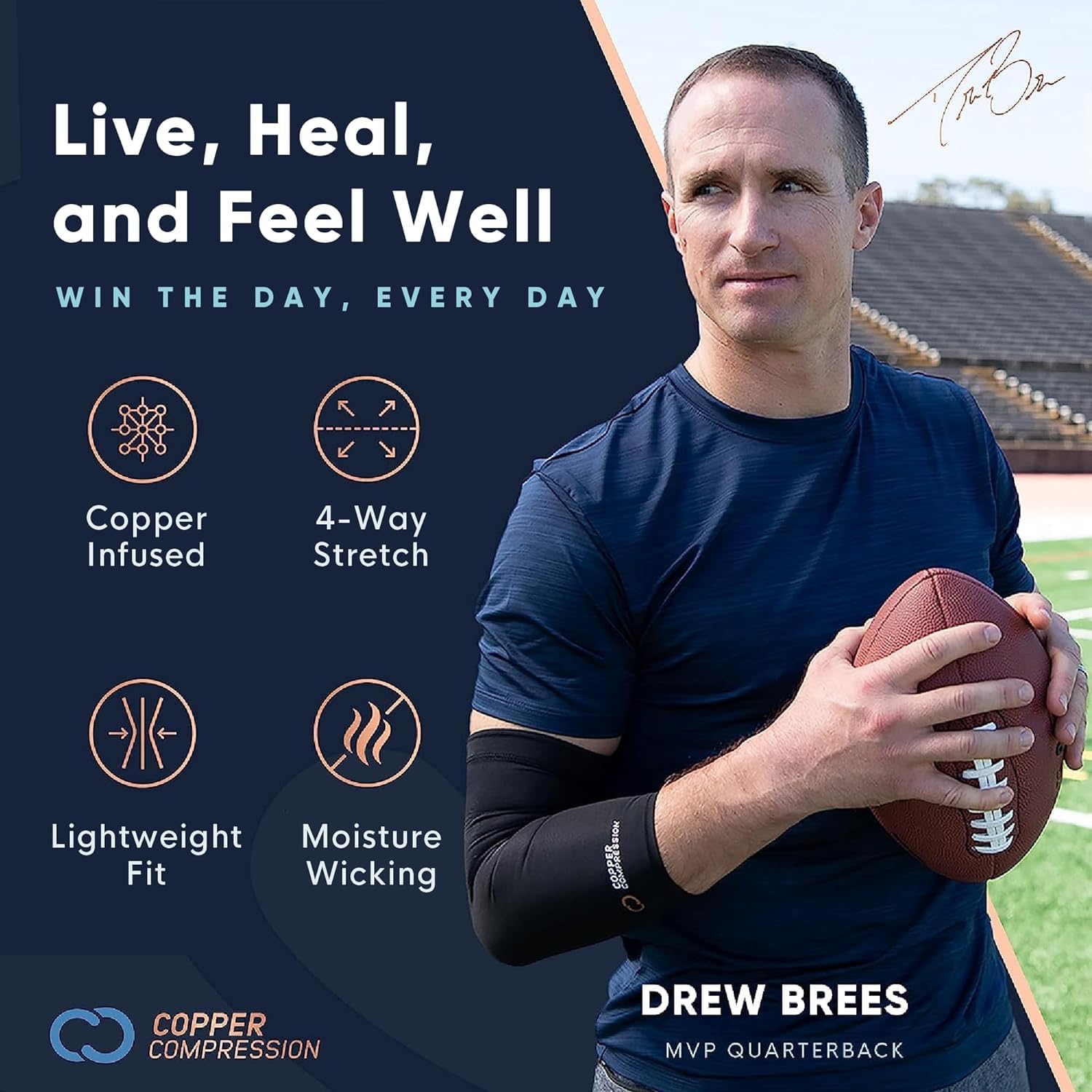 Box includes two pairs of Copper Compression arch support sleeves for both feet.
