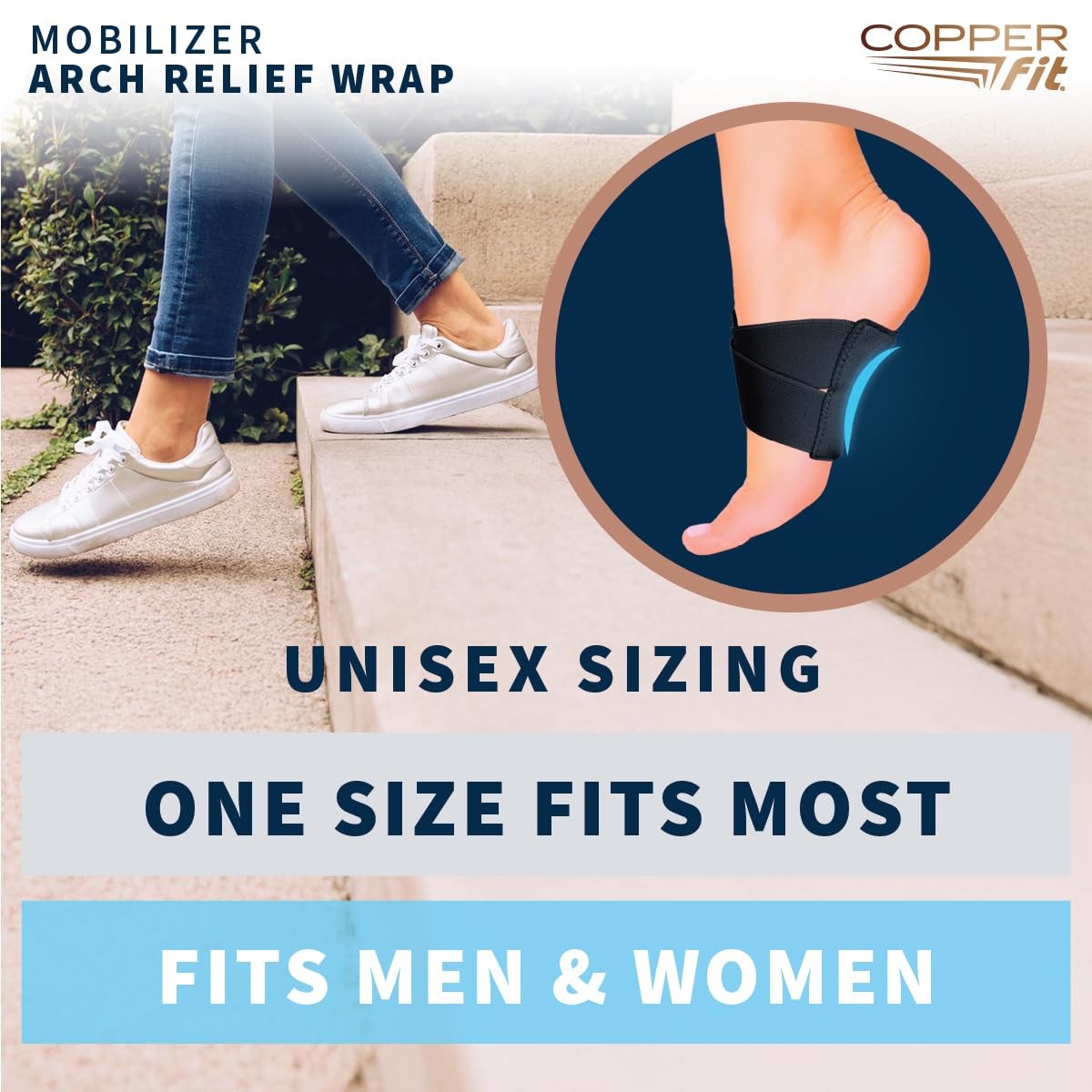 Copper Fit Mobilizer Arch Wrap close-up fabric highlights moisture-wicking comfort