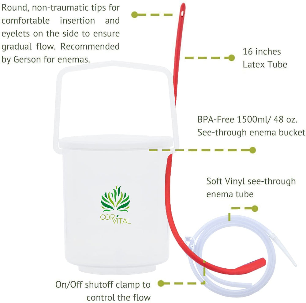 Cor-Vital enema bucket and tubes arranged for easy setup