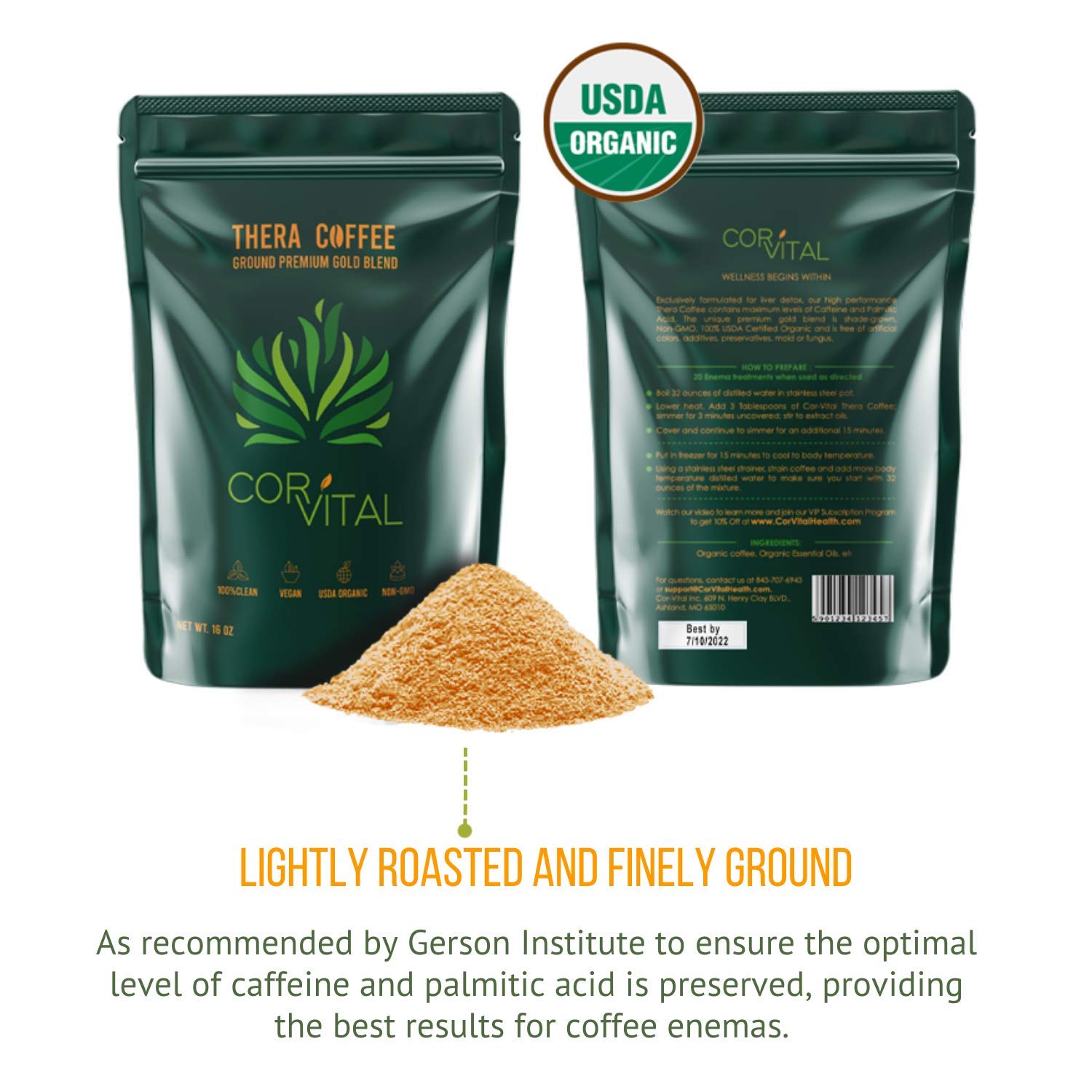 Cor-Vital organic coffee enema label close-up showing purity