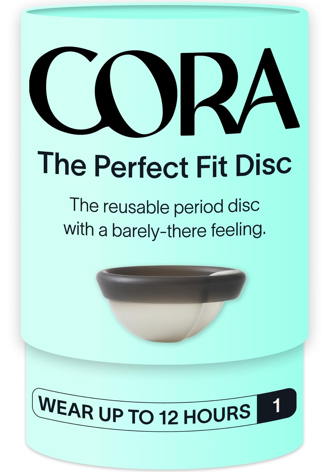 Cora Menstrual Disc Charcoal packaging presents a reusable, eco-friendly period solution.