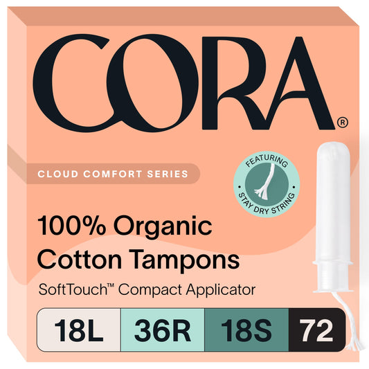 Cora organic cotton tampons multipack light size for travel and daily wear.