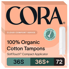 Cora organic cotton tampons super-pack with soft-touch applicator for comfortable insertion.