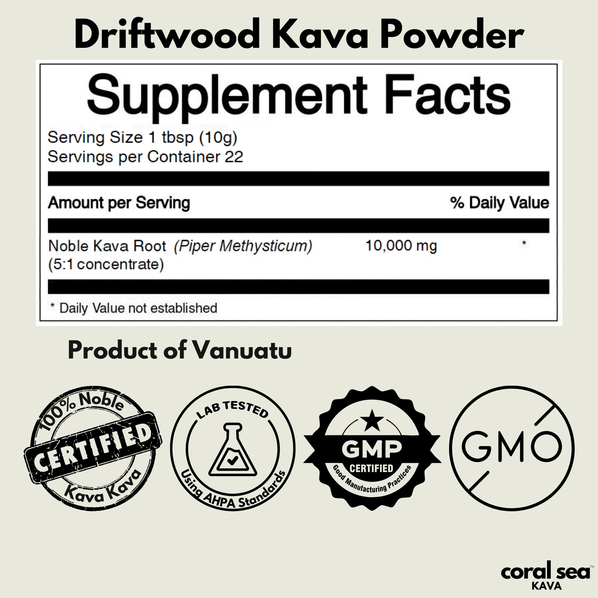 Coral Sea Kava brand label closeup emphasizes purity and heritage.