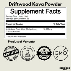 Coral Sea Kava brand label closeup emphasizes purity and heritage.