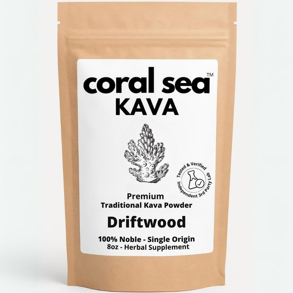 Coral Sea Kava driftwood bottle showcases premium noble kava for relaxation rituals.