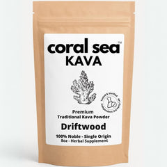 Coral Sea Kava driftwood bottle showcases premium noble kava for relaxation rituals.