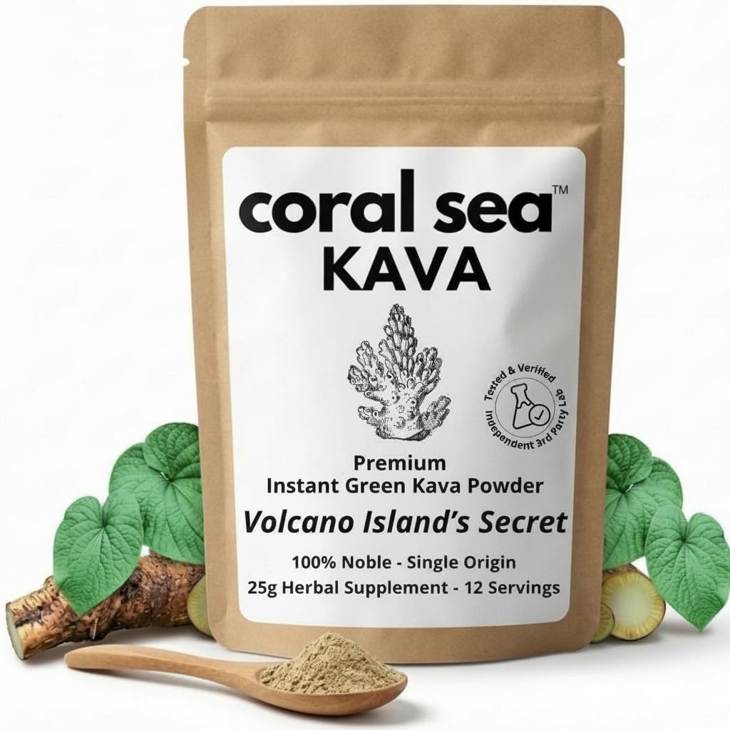 Coral Sea Kava Kelai tea powder bottle pour, promoting smooth relaxation